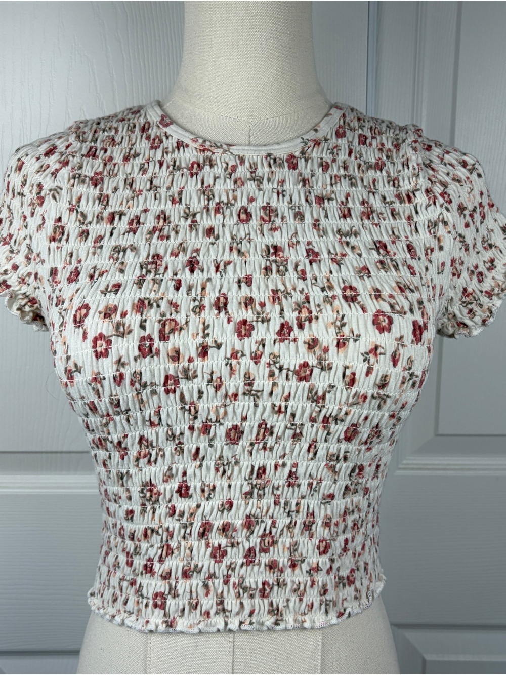 Hollister White Smocked Crop Top with Rose Print